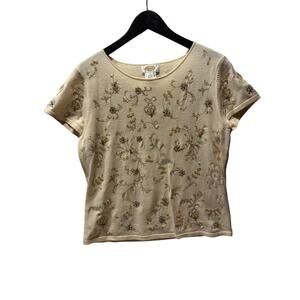 Talbots Women’s Merino Wool Silver Gold Crystal Sweater Ivory Large Pullover VTG